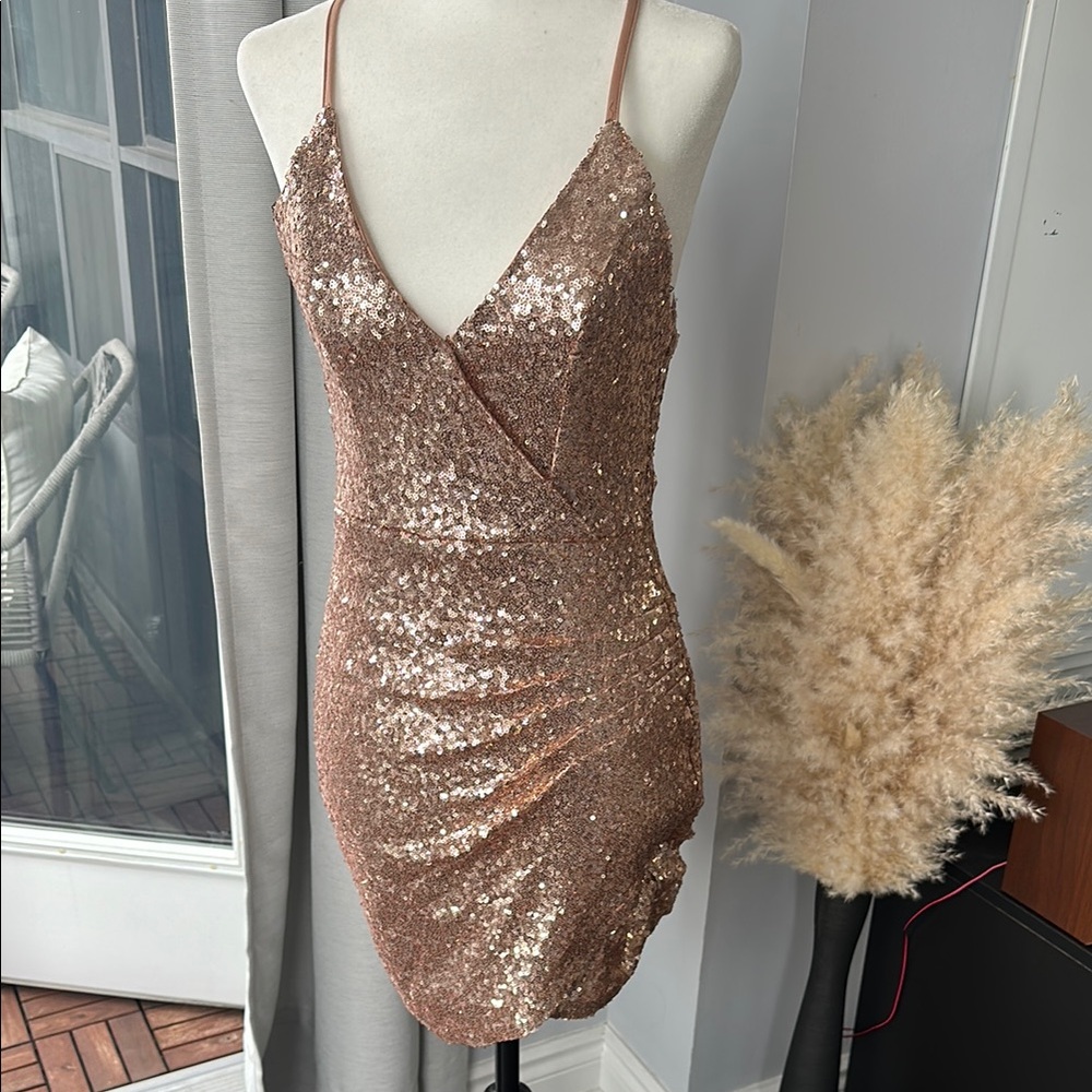 Sequin V-Neck Dress in Bronze